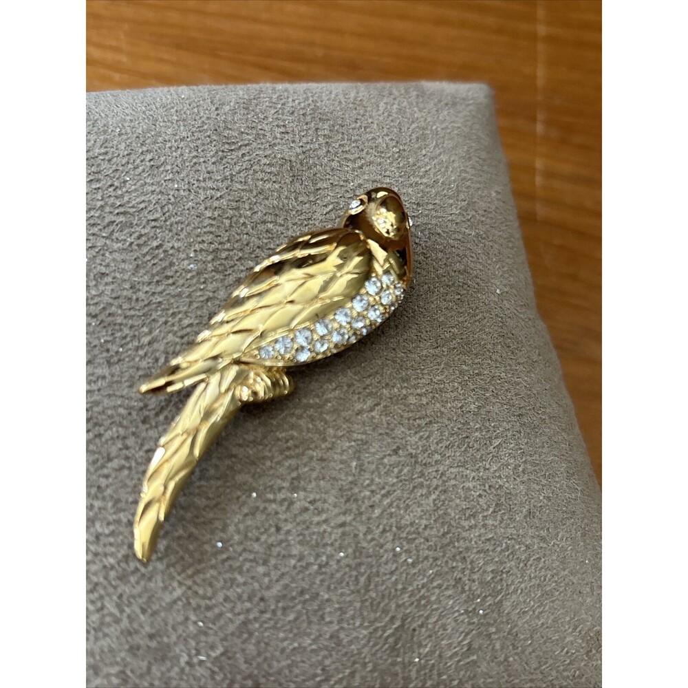 Swarovski Gold Tone and Crystal Parrot Brooch Swan Signed